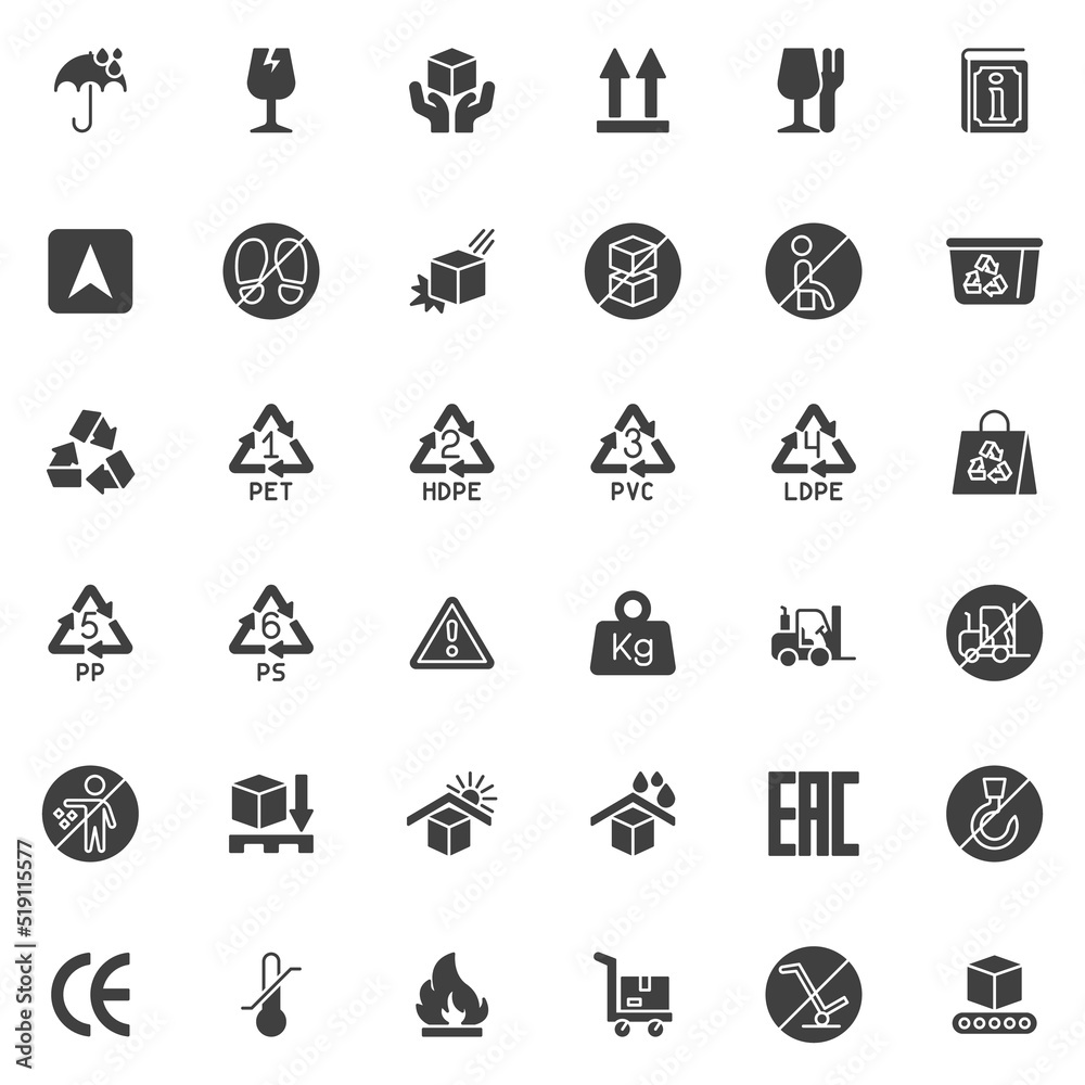 Packaging symbols vector icons set