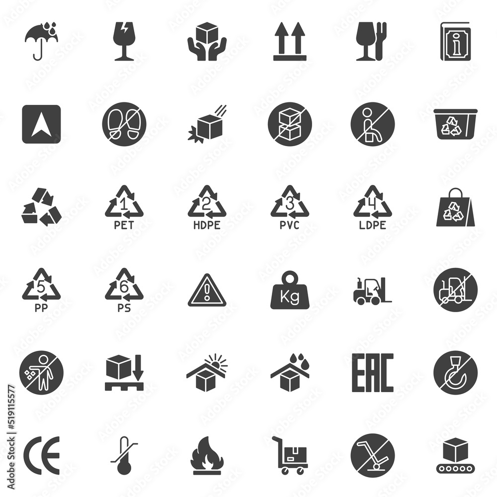 Packaging symbols vector icons set Packaging symbols vector icons set