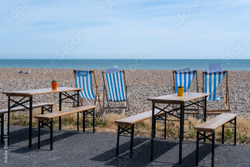 Deckchairs on Worthing beach, West Sussex, England, UK © Justin Owen