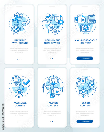 Content design blue onboarding mobile app screen set. E business walkthrough 3 steps editable graphic instructions with linear concepts. UI, UX, GUI template. Myriad Pro-Bold, Regular fonts used
