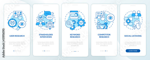 Research for content design blue onboarding mobile app screen. Data walkthrough 5 steps editable graphic instructions with linear concepts. UI, UX, GUI template. Myriad Pro-Bold, Regular fonts used