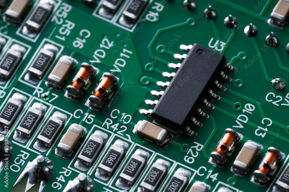 Electronic circuit board with electronic components such as chips close-up Electronic circuit board with electronic components such as chips close-up