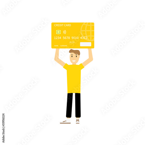 The man holds a large credit card in his hands and wants to pay for the purchase. The golden card above your head