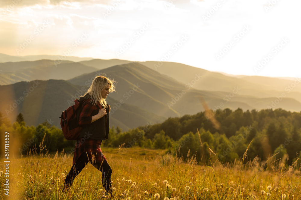 woman backpacker enjoy the view at mountain woman backpacker enjoy the view at mountain