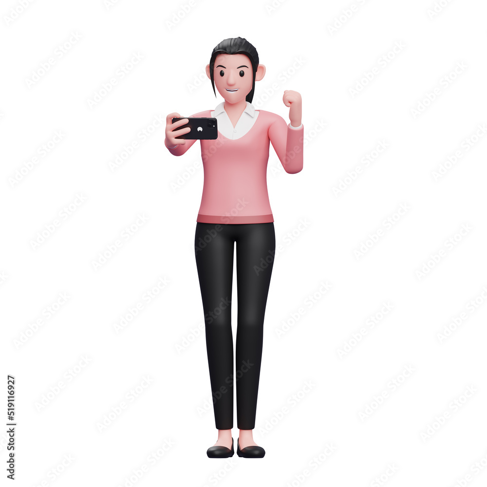 girl in sweater celebrating while looking at the phone screen, 3d render character illustration girl in sweater celebrating while looking at the phone screen, 3d render character illustration
