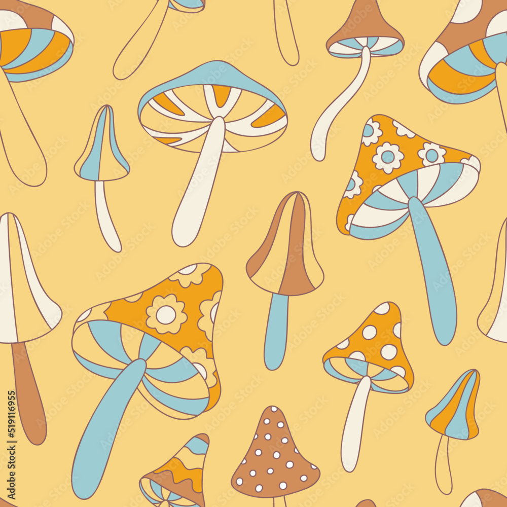 Vector retro seamless background with psychedelic mushrooms. 80s style mushroom hippie pattern on yellow background. Fly agaric  pattern for textiles, fabrics, wrapping paper.