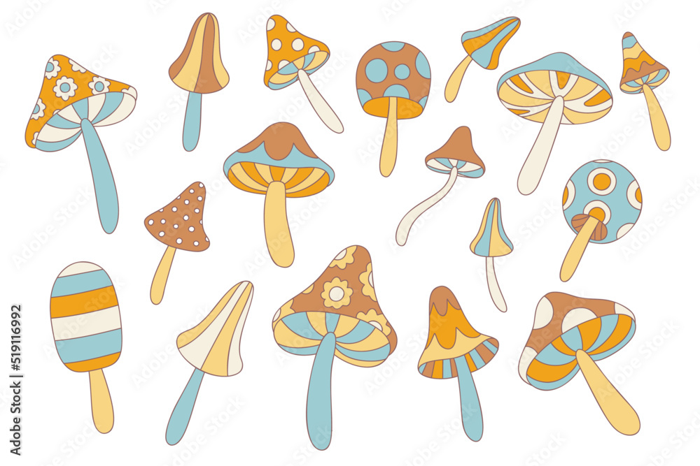 Collection of retro stile mushrooms in 60s 70s isolated on white. Flowers Child, Vintage, Hippie Style fly agaric, amanita set. Vector mushrooms in retro style. Collection of retro stile mushrooms in 60s 70s isolated on white. Flowers Child, Vintage, Hippie Style fly agaric, amanita set. Vector mushrooms in retro style.