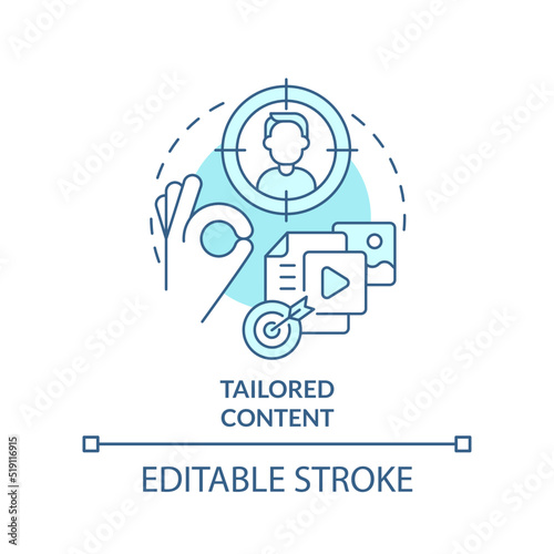 Tailored content turquoise concept icon. Personalized data. Information requirement abstract idea thin line illustration. Isolated outline drawing. Editable stroke. Arial, Myriad Pro-Bold fonts used