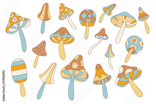 Collection of retro stile mushrooms in 60s 70s isolated on white. Flowers Child, Vintage, Hippie Style fly agaric, amanita set. Vector mushrooms in retro style.
