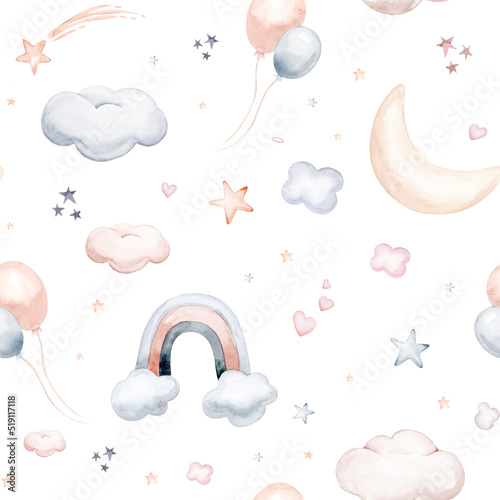 Seamless pattern with blue clouds, rainbow gold stars and moons. Watercolor hand drawn kids illustration. white isolated nursery background