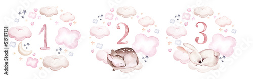 Watercolor animal illustration of a cute baby sleeping rabbit and bunny, deer fawn on the moon and the cloud. Baby Shower nursery Theme Invitation