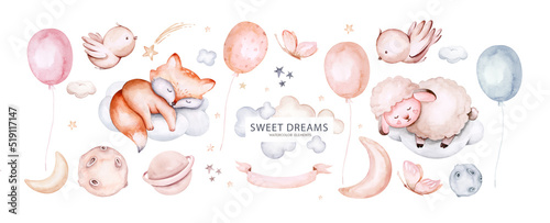 Watercolor animal illustration of a cute baby sheep, lamb, sleepingon the moon and the cloud. Baby Shower fox nursery Theme Invitation