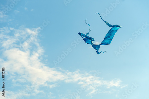 Blue kite on a background of blue sky with clouds