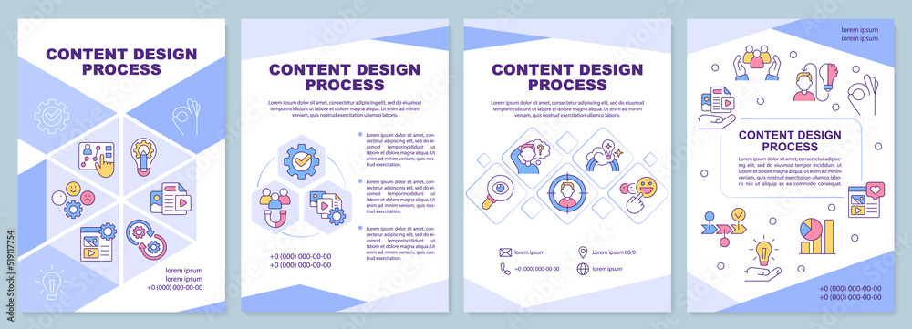 Content design process blue brochure template. Creation. Leaflet design with linear icons. Editable 4 vector layouts for presentation, annual reports. Arial-Black, Myriad Pro-Regular fonts used