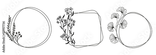 Botanical monochrome frames with flowers and leaves. Hand-drawn vector wreath for logo, invitation, wedding, tag, funeral card, obituary. Black linear pattern on a white background.