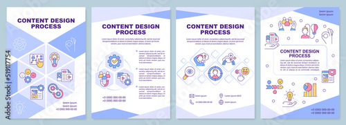 Content design process blue brochure template. Creation. Leaflet design with linear icons. Editable 4 vector layouts for presentation, annual reports. Arial-Black, Myriad Pro-Regular fonts used