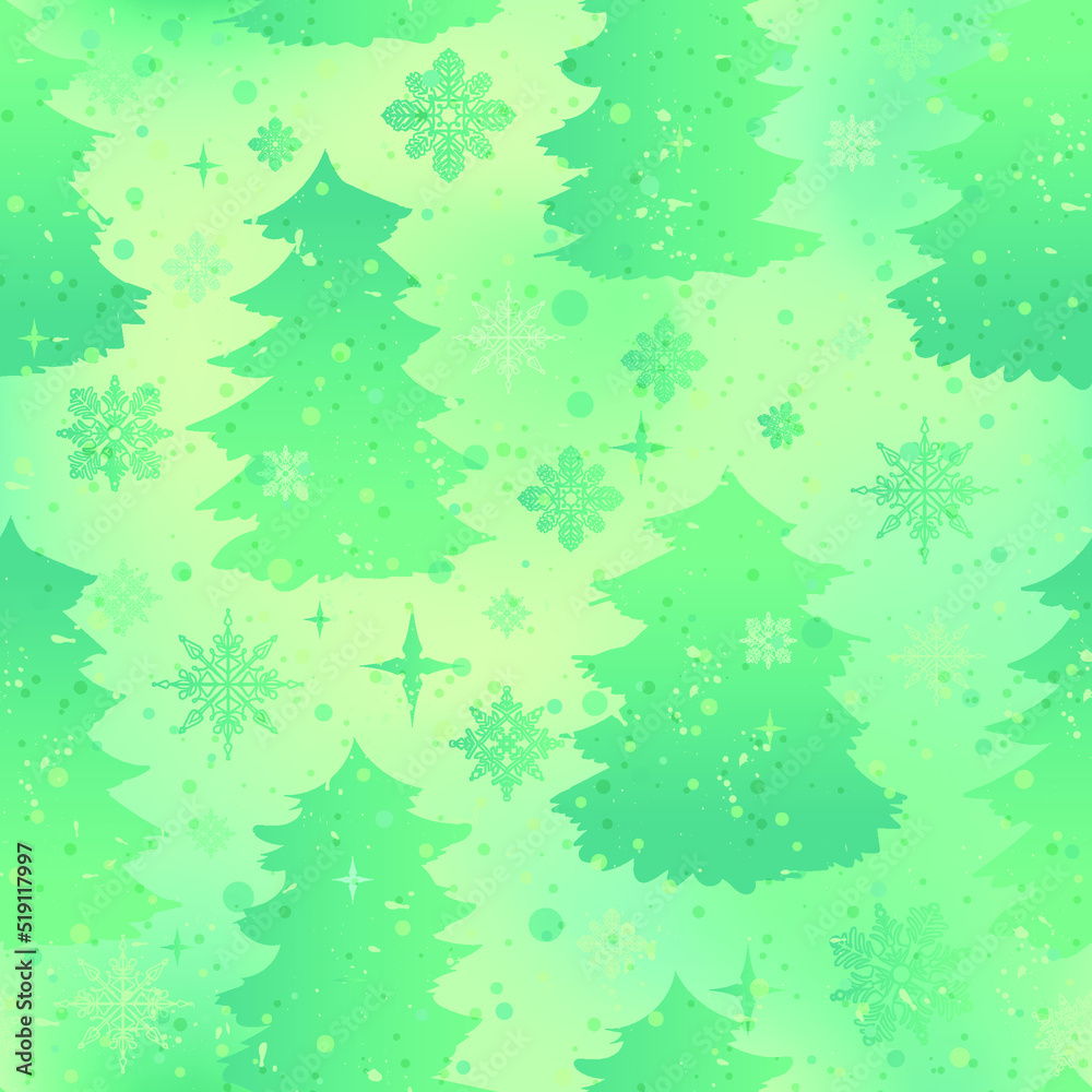 Abstract seamless christmas tree pattern. Monochrome winter background with snowflakes and white cedar silhouette.
