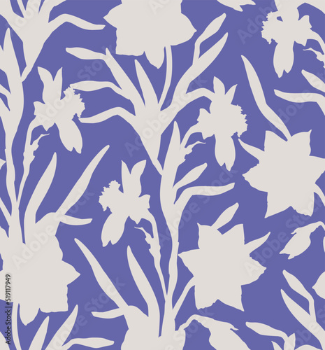 Elegant flowers silhouettes of daffodils on trendy very peri background. Vector swatch for textile, fabric, bedding, wallpaper, packaging. 