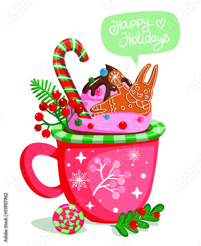 Red cup of coffee and christmas decorations. Symbol of 2023 year. Cute rabbit cookies illustration