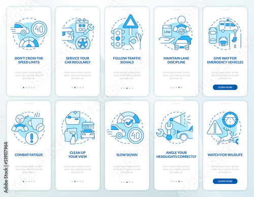 Driving safety blue onboarding mobile app screen set. Regulations walkthrough 5 steps editable graphic instructions with linear concepts. UI, UX, GUI template. Myriad Pro-Bold, Regular fonts used