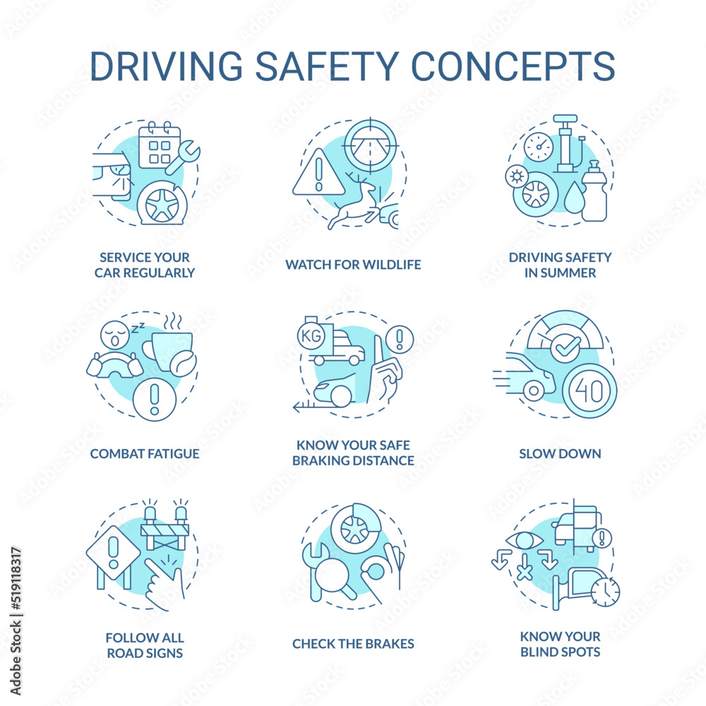 Driving safety turquoise concept icons set. Speed limits. Road signs and rules. idea thin line color illustrations. Isolated symbols. Editable stroke. Roboto-Medium, Myriad Pro-Bold fonts used
