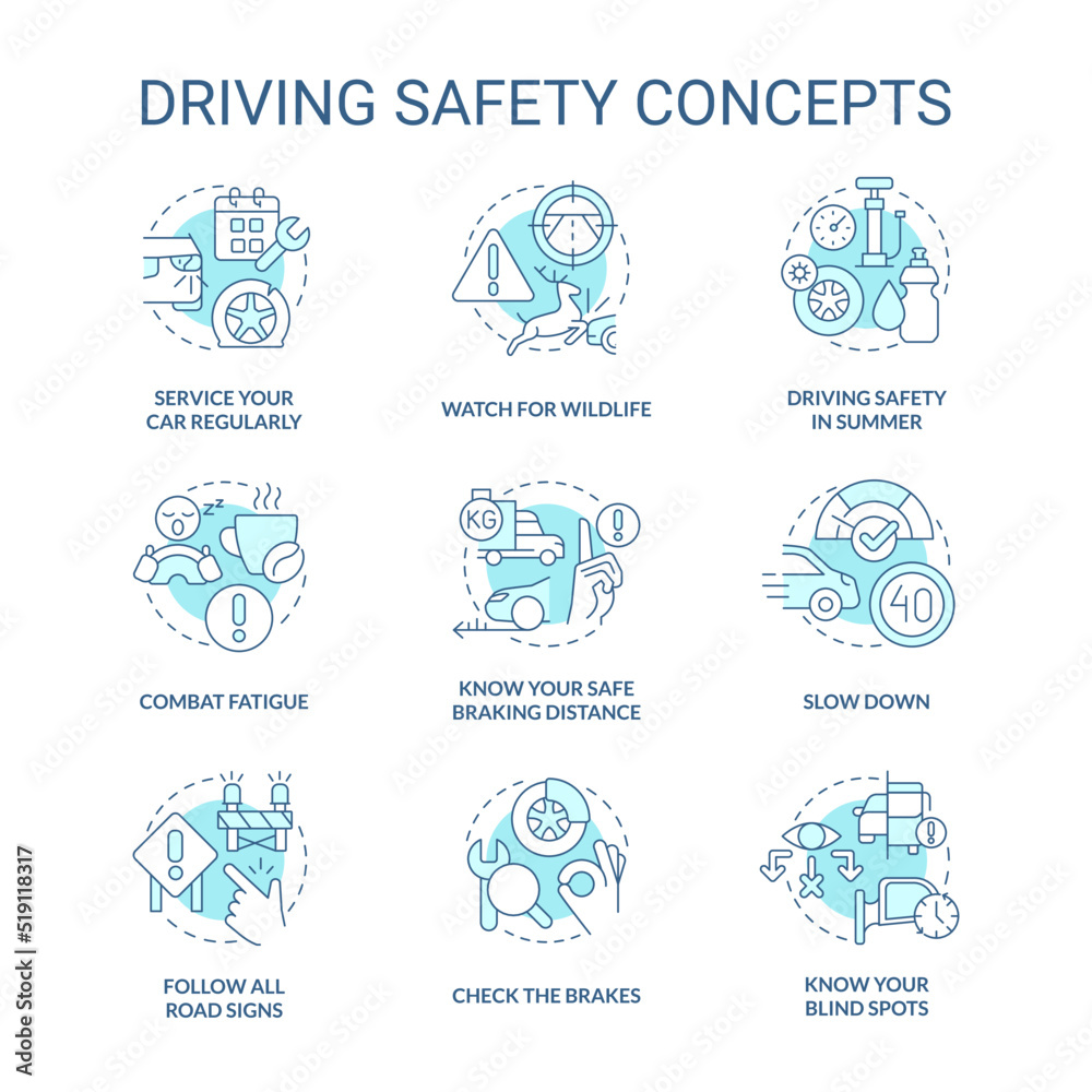 Driving safety turquoise concept icons set. Speed limits. Road signs and rules. idea thin line color illustrations. Isolated symbols. Editable stroke. Roboto-Medium, Myriad Pro-Bold fonts used Driving safety turquoise concept icons set. Speed limits. Road signs and rules. idea thin line color illustrations. Isolated symbols. Editable stroke. Roboto-Medium, Myriad Pro-Bold fonts used