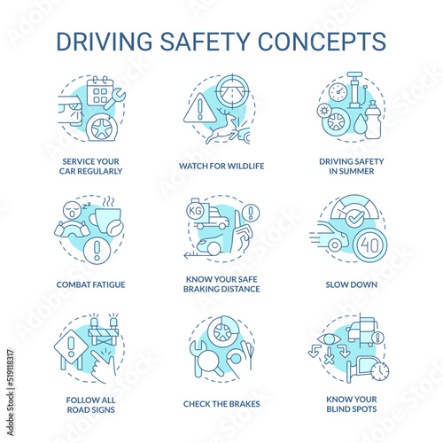 Driving safety turquoise concept icons set. Speed limits. Road signs and rules. idea thin line color illustrations. Isolated symbols. Editable stroke. Roboto-Medium, Myriad Pro-Bold fonts used