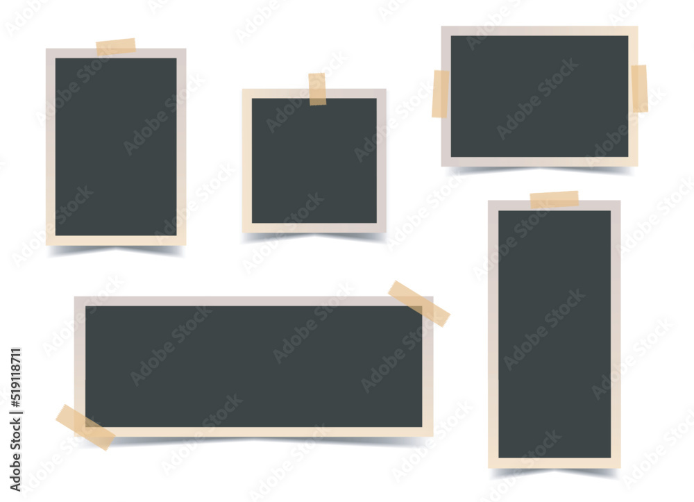 Set of black photo frames different formats with beige adhesive tape. Vector realistic mockup. Vertical, Horizontal, Wide, Square Blank Templates. Five empty photo cards with border. EPS10. Set of black photo frames different formats with beige adhesive tape. Vector realistic mockup. Vertical, Horizontal, Wide, Square Blank Templates. Five empty photo cards with border. EPS10.