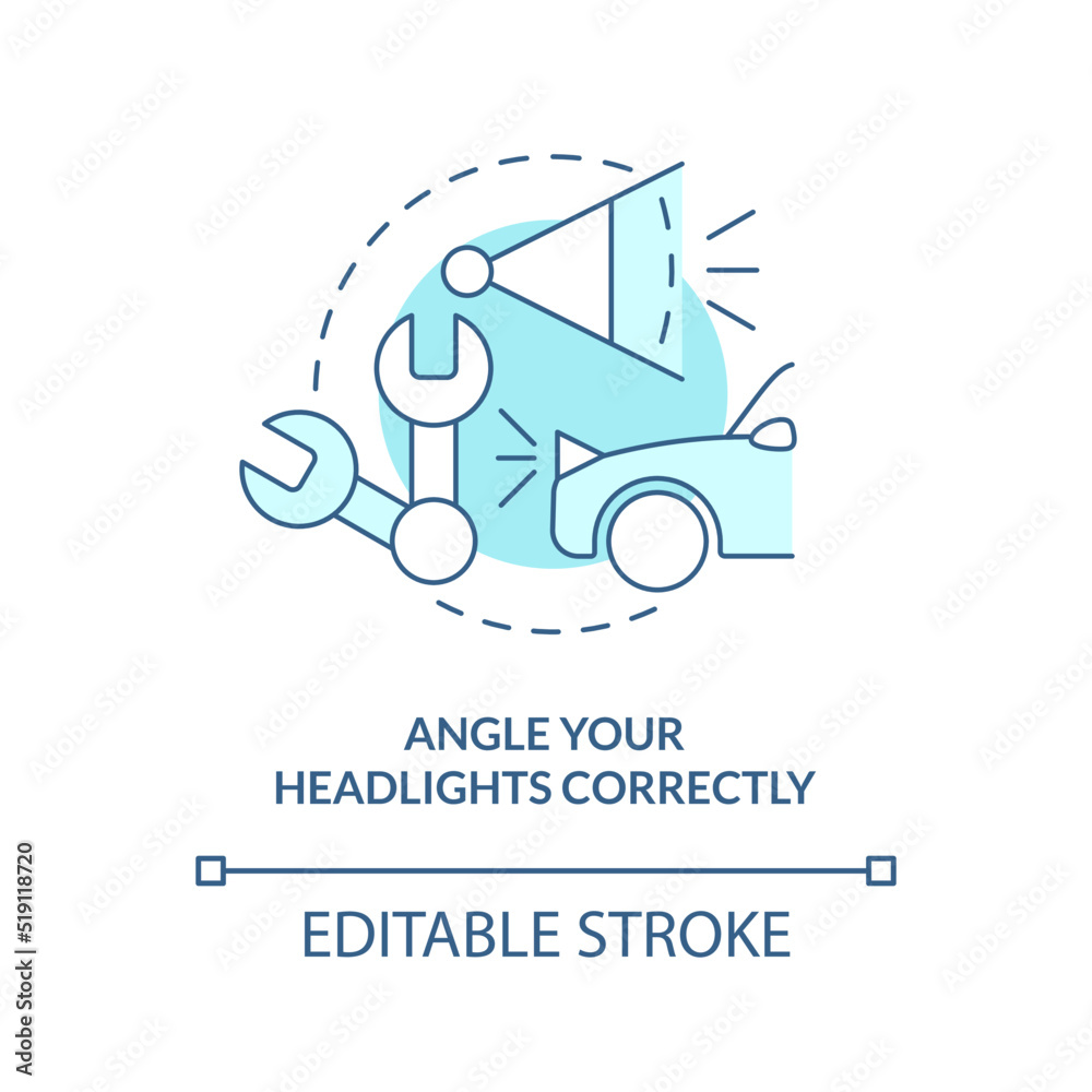 Angle your headlights correctly turquoise concept icon. Driving safety at night abstract idea thin line illustration. Isolated outline drawing. Editable stroke. Arial, Myriad Pro-Bold fonts used
