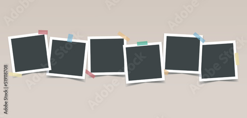 Black photo frames with color adhesive tape on beige background. Vector realistic mockup. Six empty square photo cards with white border in a row. Blank Template for collages and design. EPS10.