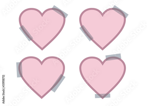 Set of pink hearts with duct tape. Mockup for your design. Four empty hearts with a frame. Holiday card, banner, poster. Blank template isolated on white. Vector EPS10.