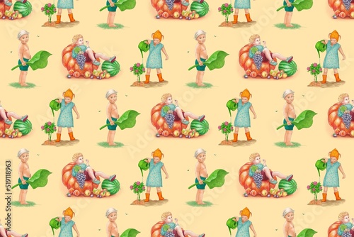 Seamless pattern. Summer. Children in various poses, eating fruits, watering flowers, playing barefoot. Watercolor style on a yellow background.
