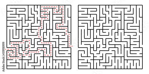 Square maze, a simple logic game with labyrinths. Vector maze game.