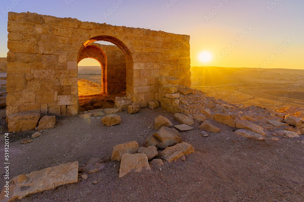 Sunset with ancient ruins,  Nabataean city of Avdat - obrazy, fototapety, plakaty 