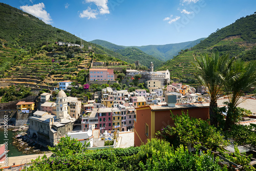 Travel to Cinque Terre. Aerial view over Vernazza architecture landmark village at the coast of Liguria Sea from Italy. 