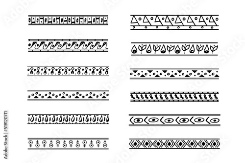 Doodle dividers set, hand-drawn ethnic separators, borders and welts boho style for decoration. Trendy Aztec underlines are painted by ink and pen. Isolated. Vector illustration