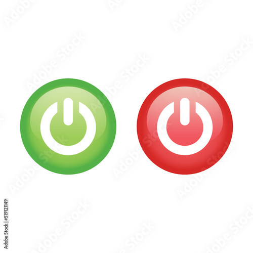 On and off colorful circle vector icon set. Switch, start red and green bush button set.