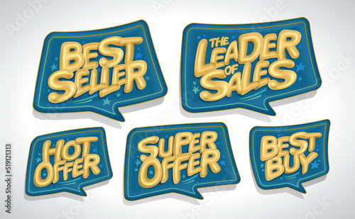 Best seller, leader of sales, hot offer, super offer, best buy - advertising sale stickers, speech bubbles