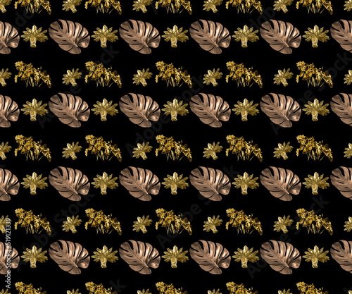 Seamless pattern of monstera leaves and flowers in golden color