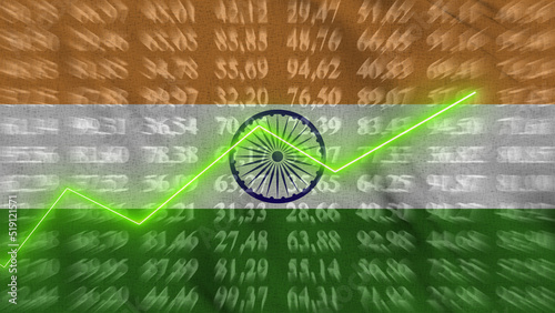 India financial growth, Economic growth, Up arrow in the chart against the background flag