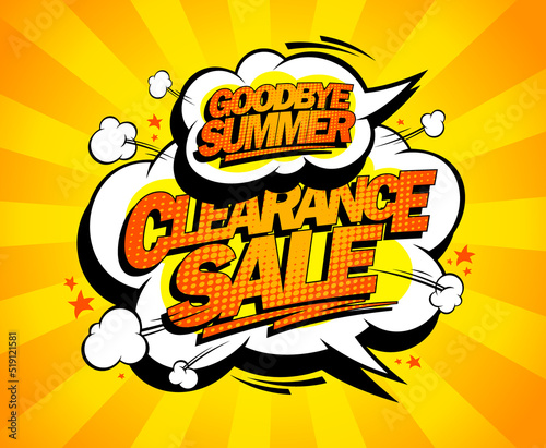 Good bye, summer sale vector poster, comic style web banner or flyer