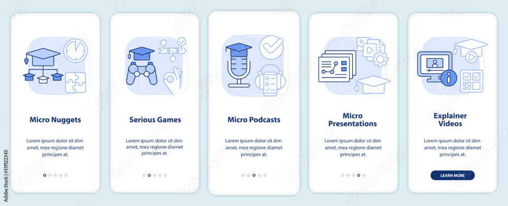 Delivering microlearning ways light blue onboarding mobile app screen. Walkthrough 5 steps editable graphic instructions with linear concepts. UI, UX, GUI template. Myriad Pro-Bold, Regular fonts used