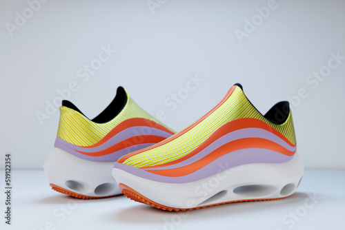 Bright sports unisex sneakers in orange and yellow canvas with high white soles. 3d illustration