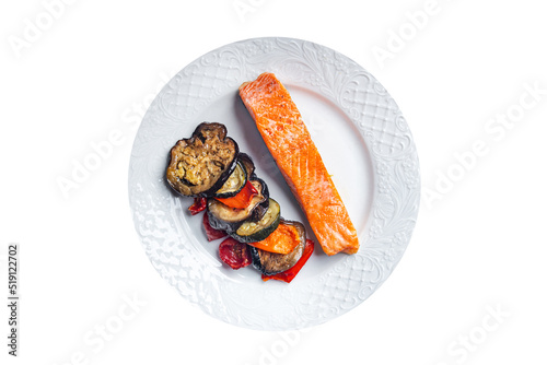 fried salmon and eggplant second course fresh dish healthy meal food snack diet on the table copy space food background rustic top view keto or paleo diet