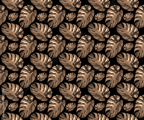 Seamless pattern of gold-colored monstera leaves on a black background