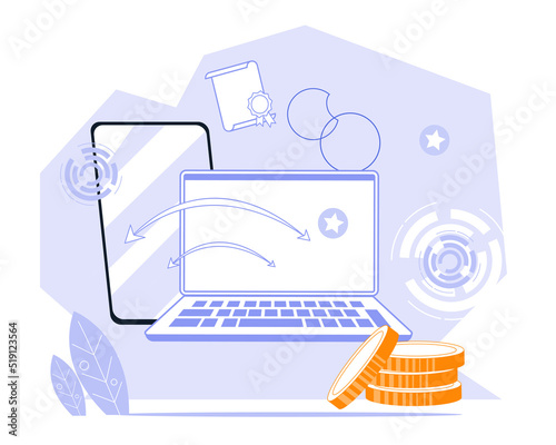Internet business, earnings, investments and organization of the workflow possibilities of the Internet platform, flat cartoon vector illustration. Making money online and internet bank concept.