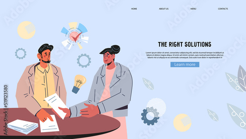 Business people develop solution and marketing strategy, vector illustration for website or presentation. Company brainstorm group discuss solving of business task, flat vector illustration isolated.