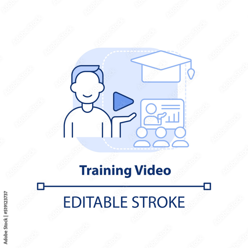 Training video light blue concept icon. Microlearning video example abstract idea thin line illustration. Online streaming. Isolated outline drawing. Editable stroke. Arial, Myriad Pro-Bold fonts used