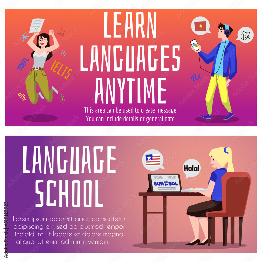 Obraz premium Language school and online courses banners or flyers, flat vector illustration.