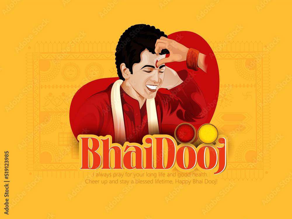 Happy Bhai Dooj, Bhai Tika, Bhau-beej Hindu Festival - Yellow Decorative Vector Illustration
